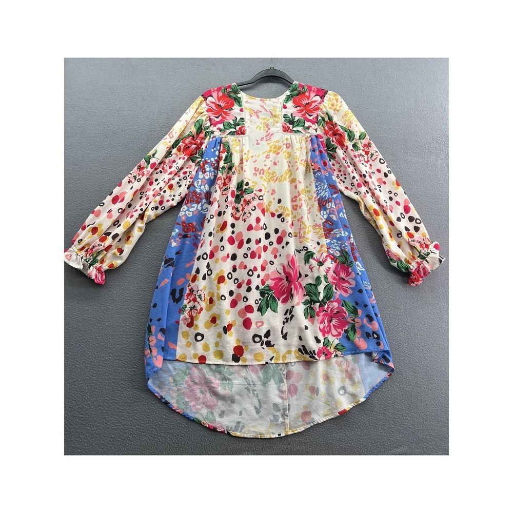 Umgee Tunic Dress Women's M Mixed Floral Leopard Patchwork Boho Long Sleeve